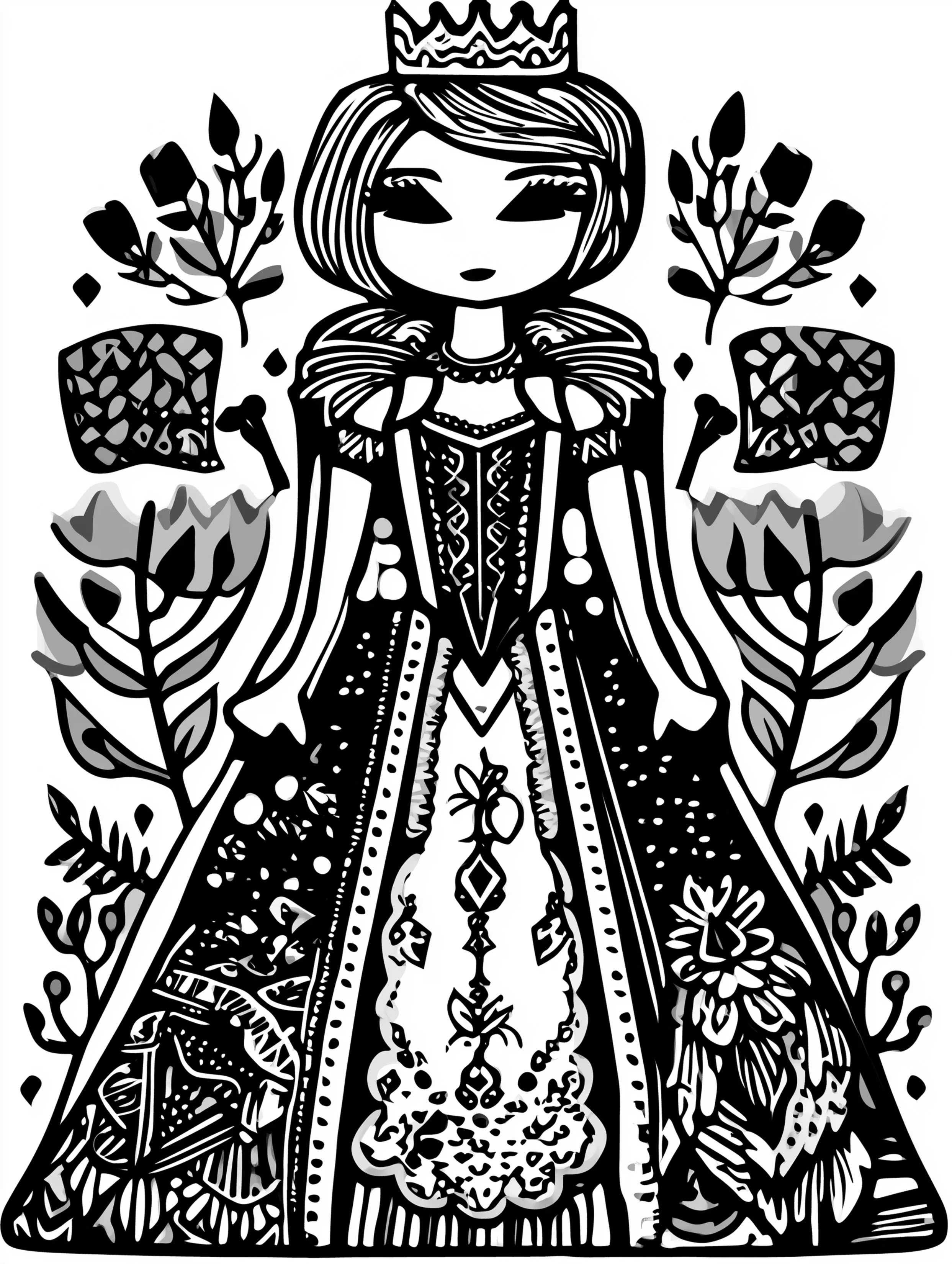 Free printable queen coloring page for adults featuring a standing queen posing confidently